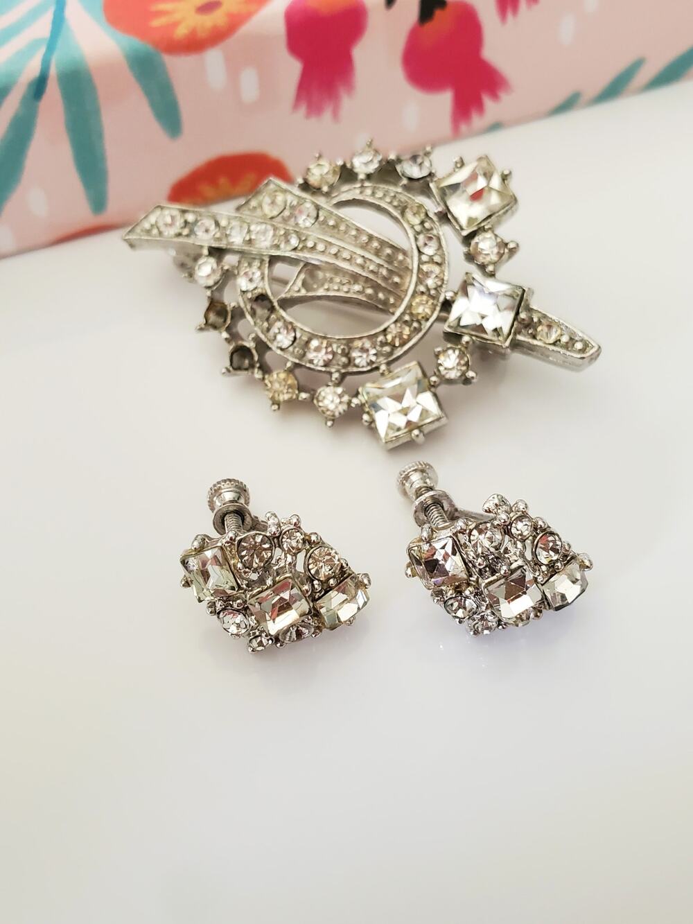 Vintage Silver Clear Rhinestone Brooch and Clip On Earring Set